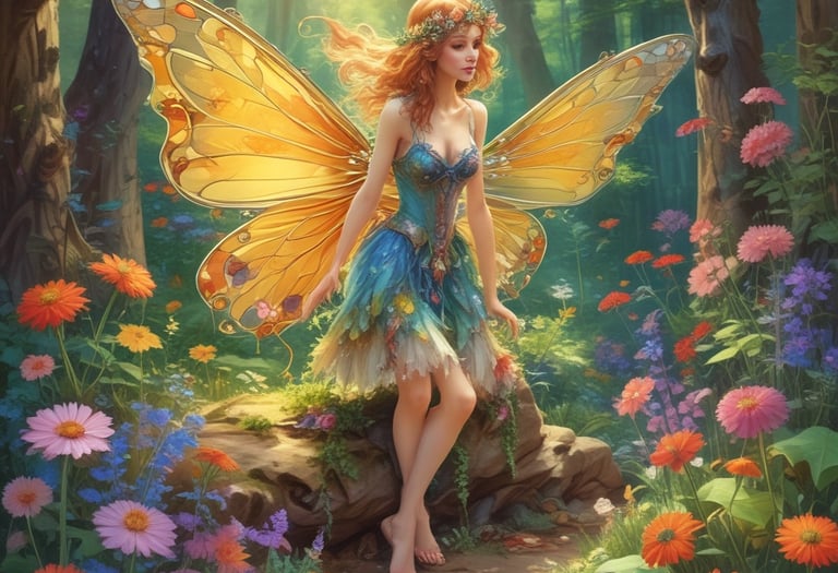 A delicate statue of a female fairy with a wreath of flowers in her hair sits gracefully among vibrant green leaves and clusters of small red berries. The statue exhibits a serene expression, with her chin resting gently on her hand. Worn, intricate wings are visible behind her.