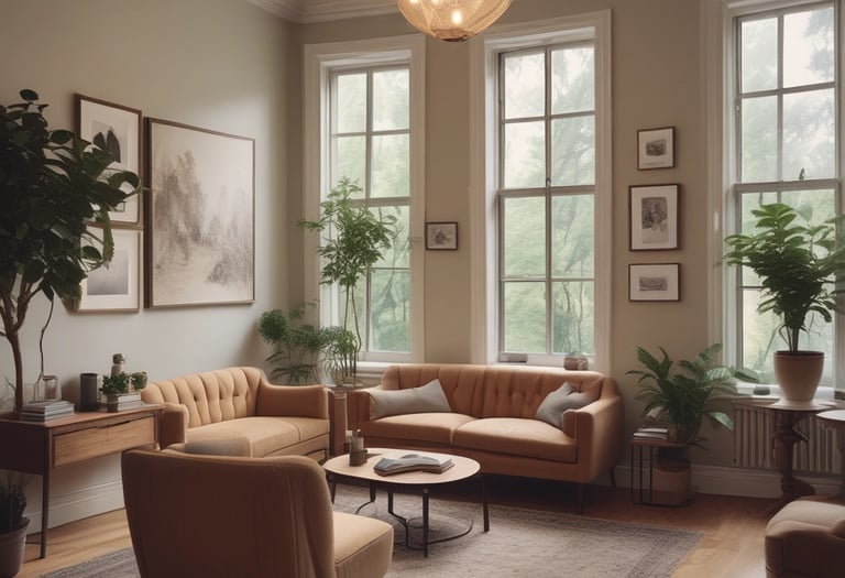 A professional consultation setting with a medical professional sitting at a desk facing a client. The room has a modern aesthetic with white walls decorated with framed certificates. The desk is organized with office supplies, a laptop, and a fruit bowl in the center.