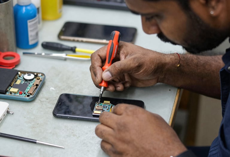 A technician carefully repairing a smartphone with tools on a clean workbench under focused lighting.