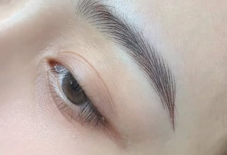 Close-up of perfectly healed nano brows with crisp, realistic hair strokes.