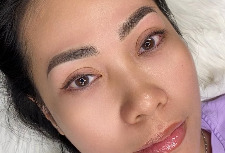 Beautifully healed combo brows showing the blend of hair strokes and soft powder shading.