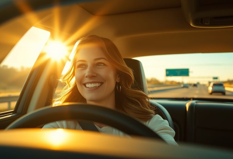 Mulher jovem, sorrindo, dirigindo, com o sol por detrás