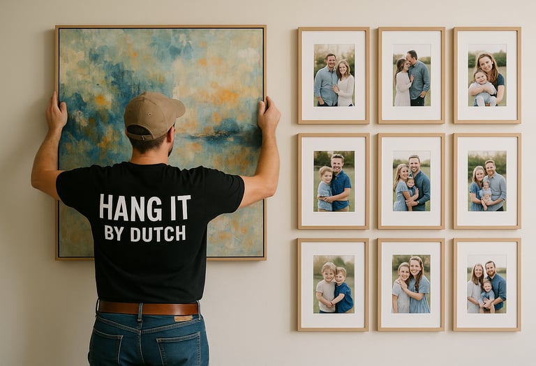 a man is hanging a picture of a family portrait