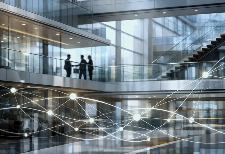 Ambiente corporativo executivos em interação, representando consultoria em comunicação estratégica