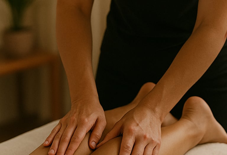 a woman in a massage room her legs massaged to improve circulation to help with menopause symptoms