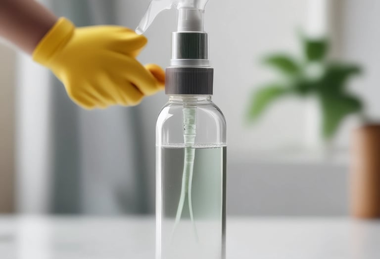 A collection of eco-friendly cleaning products and personal care items laid out on a flat surface. The composition includes bottles of cleaning sprays with silver metallic finishes, glass bottles of essential oils, wooden toothbrushes, a rectangular bar of natural soap, and various cleaning brushes with wooden handles. The arrangement is visually appealing, with shadows adding depth and texture.