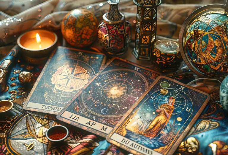 a table with a lot of different items and candles