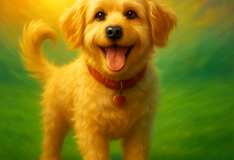a golden doodle dog is standing in the grass with a sun shining behind it