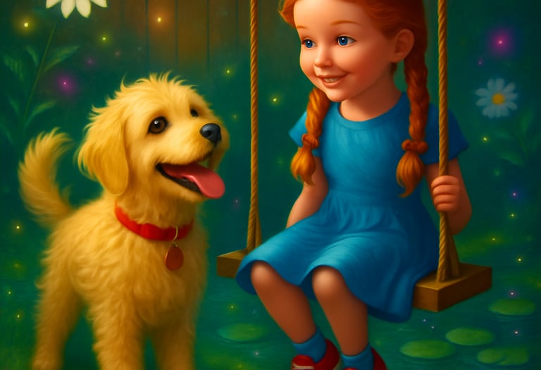 a girl sitting on a swing set with a dog