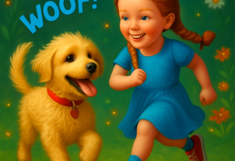 a little girl is running with a dog