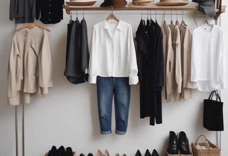 A male model is wearing a fashion-forward outfit featuring grey pants and a colorful, open jacket revealing a toned torso. The background includes another person standing in a similar pose on a runway.