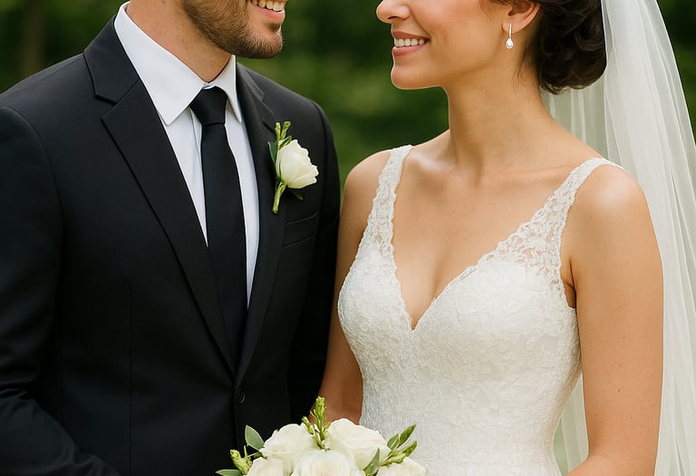 Ένα νεόνυμφο ζευγάρι που χαμογελά μαζί στο γάμο του.