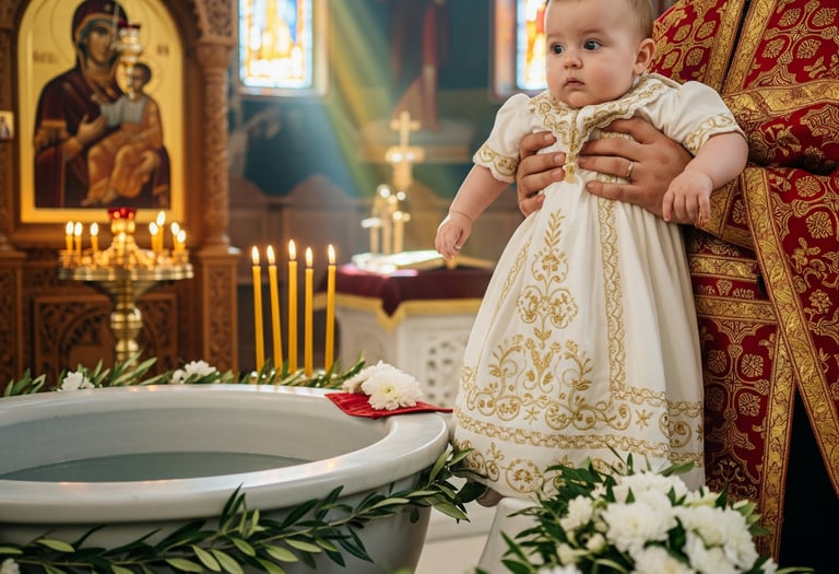 Ένα μωρό με μια λευκή φορεσιά στην τελετή της βάπτισής του.