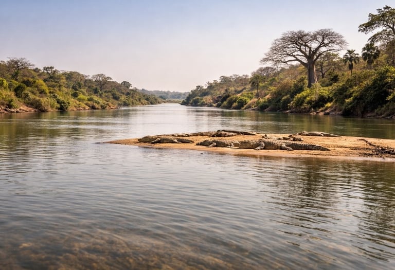 Crocodiles on sandbank in Niokolo-Koba National Park