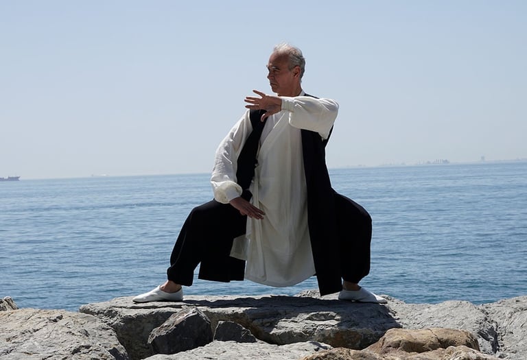Esat Ataç holding a Tai Ji posture on seaside rocks, wearing traditional Wudang clothing.