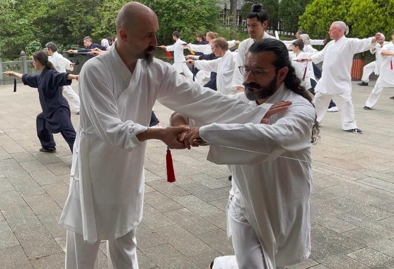 Ismet Himmet guiding Mehmet Başkak during a Tai Ji form correction at an outdoor group training.