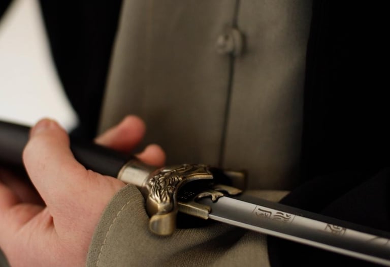 Close-up of a hand drawing a Wudang Jian sword, showing engraved blade and ornate bronze guard.