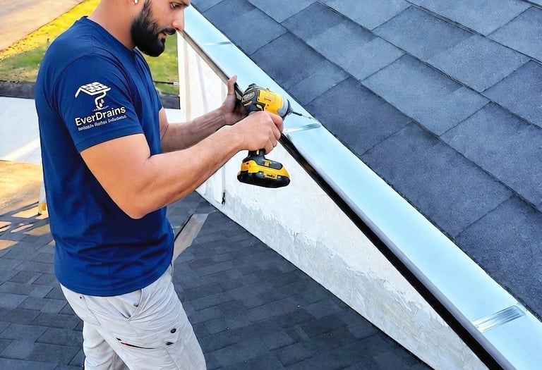 EverDrains technician installing seamless aluminum gutters on residential roof in Calgary Alberta