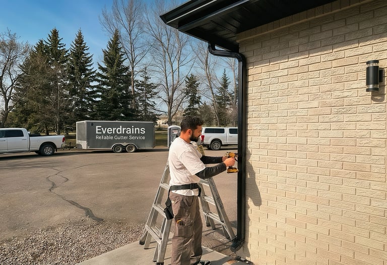 New seamless gutters and downspouts installed on this beautiful Calgary home by Everdrains.