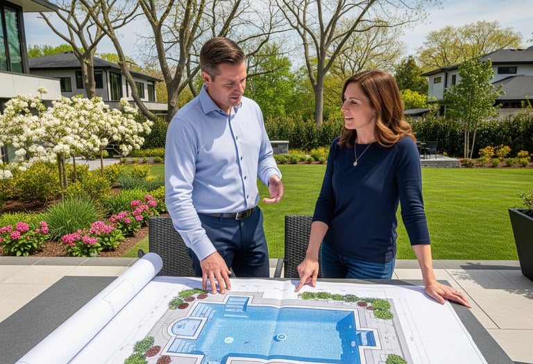 Two landscape designers reviewing a swimming pool blueprint on a patio for a luxury backyard renovation project.