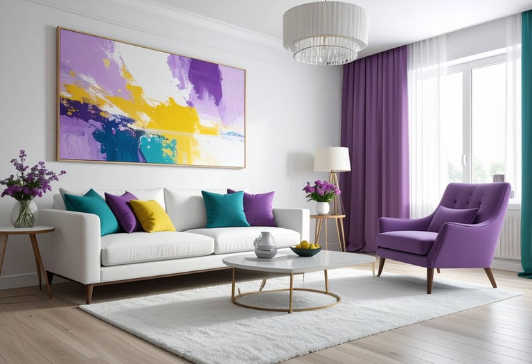 a living room with a couch and a painting