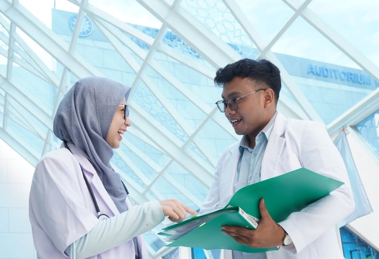 Dua tenaga medis mendiskusikan uji klinis dalam proses pengembangan protokol penelitian