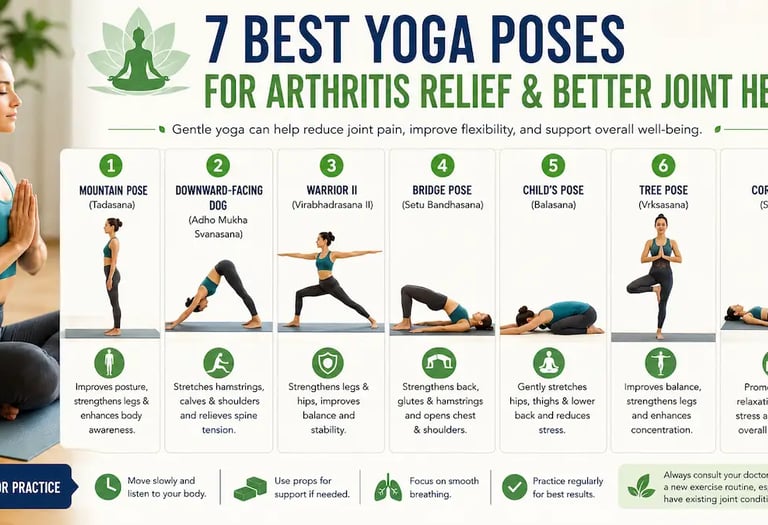 Infographic showing seven yoga poses for arthritis relief and joint health