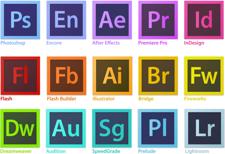 Ensemble des icônes de la suite Adobe Creative Cloud incluant : Photoshop, Illustrator, InDesign, Premiere Pro, After Effects