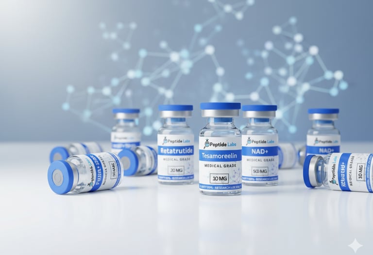 a group of vials of pills and a bottle of powder peptides