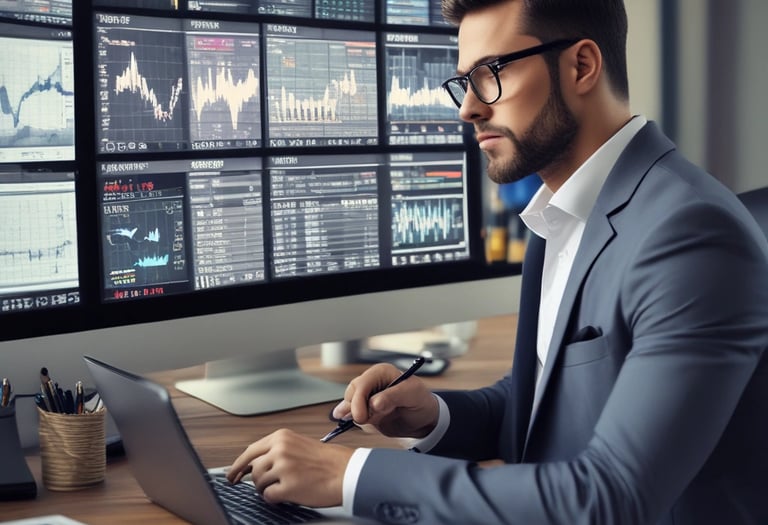 A person holds a smartphone displaying a financial or stock trading app, with detailed graphs and numerical data visible on the screen. In the background, there is a blurred computer monitor and office setting, suggesting a work environment.