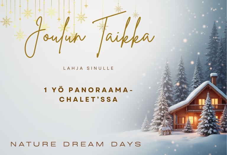 Joululahjakortti, jossa luminen Panoraama-chalet ja teksti “1 yö Panoraama-chalet’ssa – Joulun taika