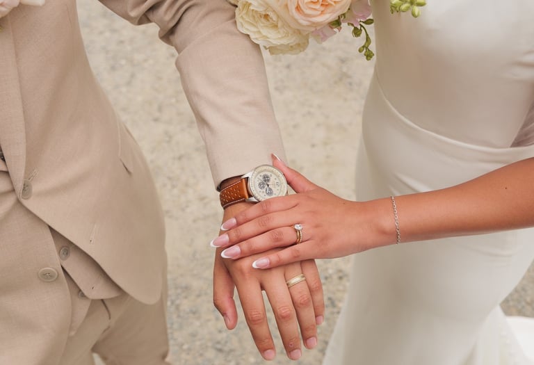 a bride and groom holding hands with a ring