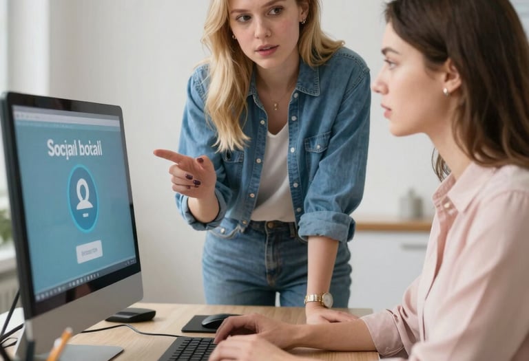 A confident woman giving a digital marketing workshop, with a presentation screen displaying branding concepts in elegant colors.