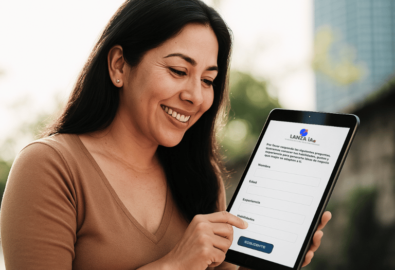 Mujer sonriente usando tablet para llenar formulario digital, representa inicio de negocio personalizado con LANZA iA.