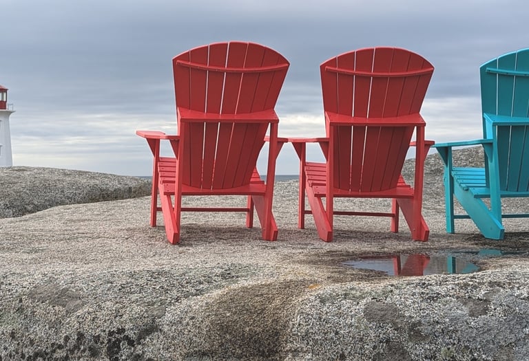 image of three adirondack chairs on rocks