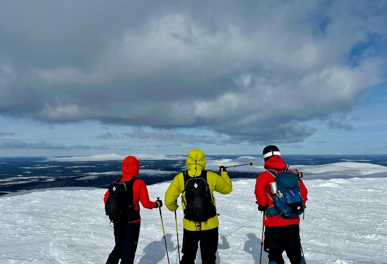 3 people ski touring in pallas, lapland