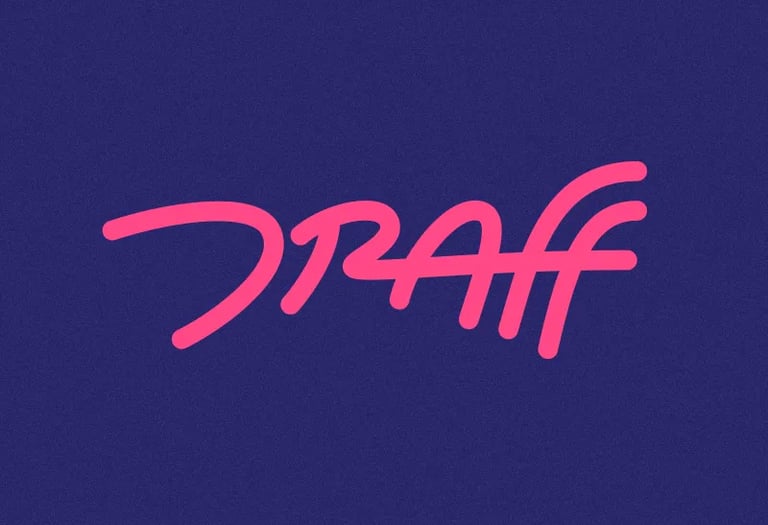 Logo Draff.tv in rosa su sfondo viola scuro, caso studio rebranding per mercato europeo