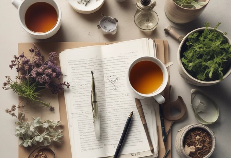 Two individuals are practicing a yoga or meditation session outdoors. The person in the foreground is standing with eyes closed, hands over the heart, conveying a sense of calm and focus. The background features a wooden building and autumn trees with golden leaves, under a soft, warm light.