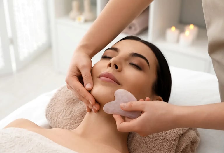 massage visage avec un guasha pour donner de l'éclat à la peau