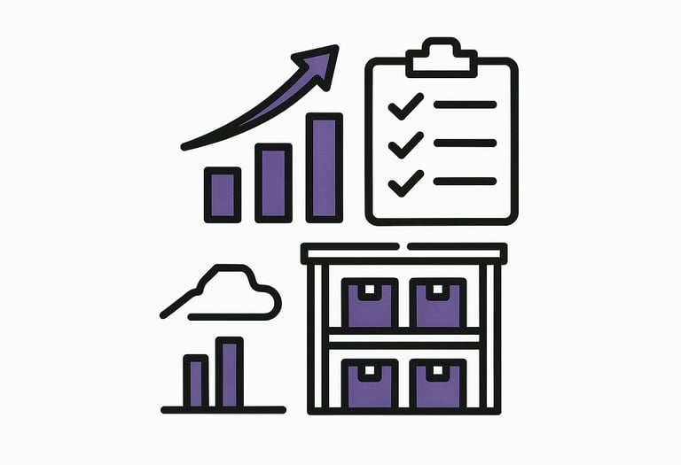 Illustration showing inventory management, with charts, a checklist, and storage boxes