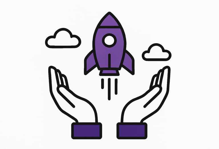 Illustration of a purple rocket launching above two open hands