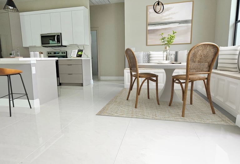 Digitally stage kitchen and breakfast nook with custom seating area