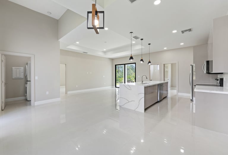 Open view of living room and kitchen