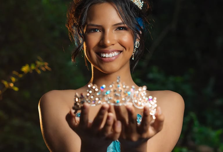 Retrato editorial de quinceañera en Quito sosteniendo una corona. Vestido turquesa e iluminación cinematográfica premium.