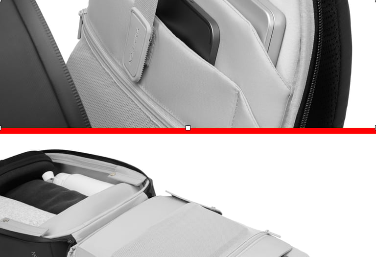 Open laptop backpack with padded compartments for a MacBook, iPad, and smartphone.