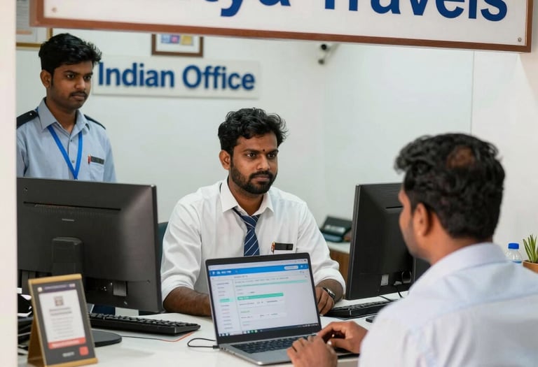 A group of travelers stand at an airport check-in counter, with visible signage for Singapore Airlines. They are waiting with their luggage, which includes suitcases and travel bags. One person is carrying a neck pillow, and another has a red trolley containing a QR code for payment. The area is well-lit, with check-in screens and information displayed overhead.