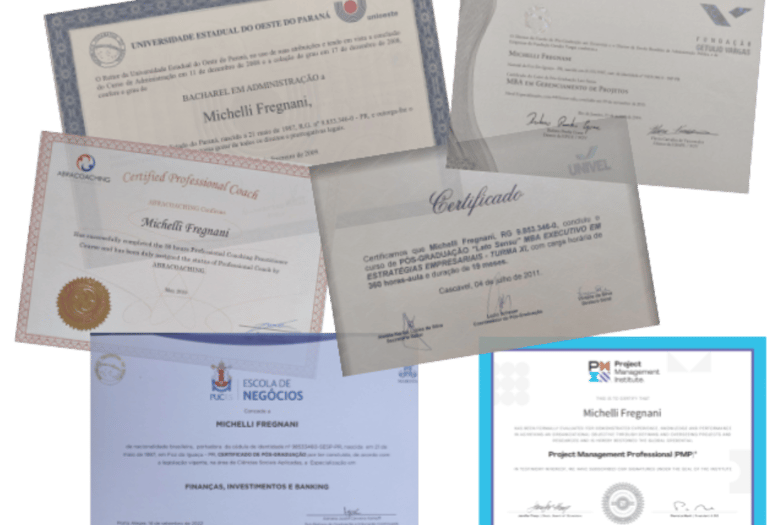 Seis diplomas e certificados que estão se sobrepondo entre eles.