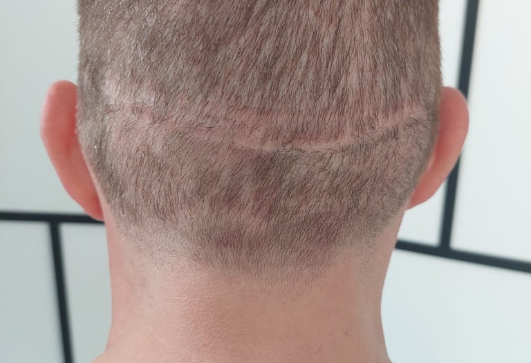 chomme qui a une cicatrice sur le cuir chevelu à cause d'une greffe capillaire
