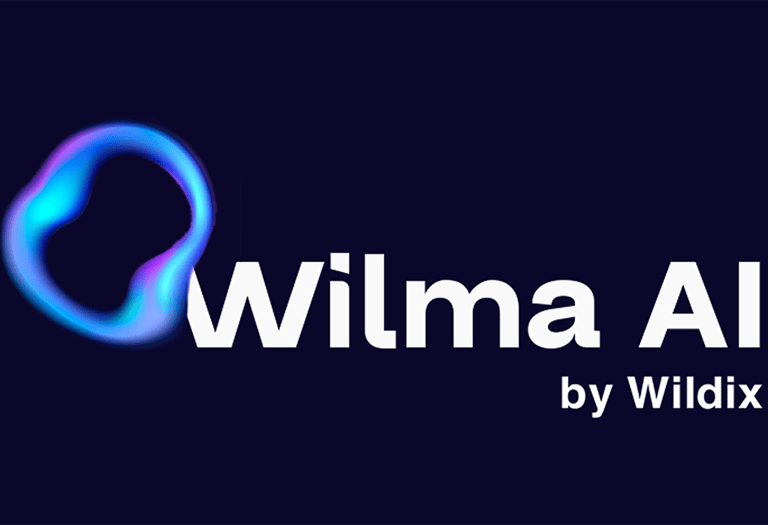 Wilma AI by Wildix logo with a glowing blue abstract ring on a dark background.