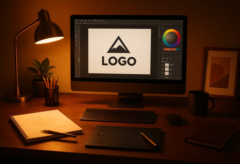 Bureau de travail d'un graphiste : l'ordinateur affiche Adobe illustrator : création de logo